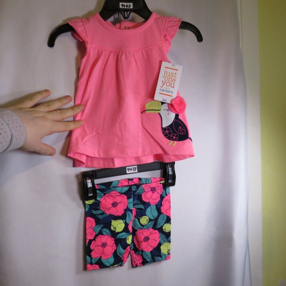 Baby Toucan Pink top with tropical floral shorts Carters (2)pc 3Mo - Picture 1 of 12
